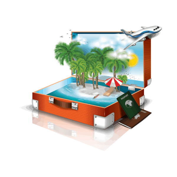 Worry Free Holiday Open suitcase with tropical island destination, airplane and passports.